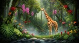 Giraffe Grazing Amidst Lush Jungle Foliage in a Tropical Paradise Landscape
