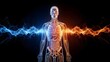© Artfinity - Human anatomical skeleton with fire and ice energy. Medical health and metabolic balance. Transparent body showing organs between blue cold waves and orange hot flames on black context