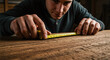 © Photyn Studio - Carpenter measuring a piece of wood with a tape measure, ensuring precise dimensions for a project.Concept of precision measurement and woodworking craftsmanship.