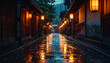 © LuckyStride - 雨に煙る夕暮れの伝統的な温泉街