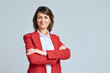 © Stock 4 You - Cheerful 40s beautiful hispanic senior business woman in red suit with crossed arms smiling at camera isolated. European or latin confident mature good looking middle age leader female businesswoman
