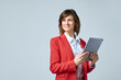 © Stock 4 You - 40s mature professional business leader executive woman office worker holding tablet computer isolated. Latin hispanic middle aged businesswoman thinking, dreaming looking away proudly. Copy space