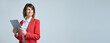© Stock 4 You - 40s mature professional business leader executive woman office worker holding tablet computer isolated. Latin hispanic middle aged businesswoman thinking, dreaming looking away. Web banner, copy space
