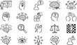 © Atabur - Critical thinking line icons set for problem solving, brain psychology, mental health, logic analysis, decision making, strategic planning, human mind exploration and cognitive skills.
