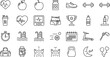 © MdAbdul - Fitness and health outline icon set with workout nutrition heart training and lifestyle symbols for gym wellness design