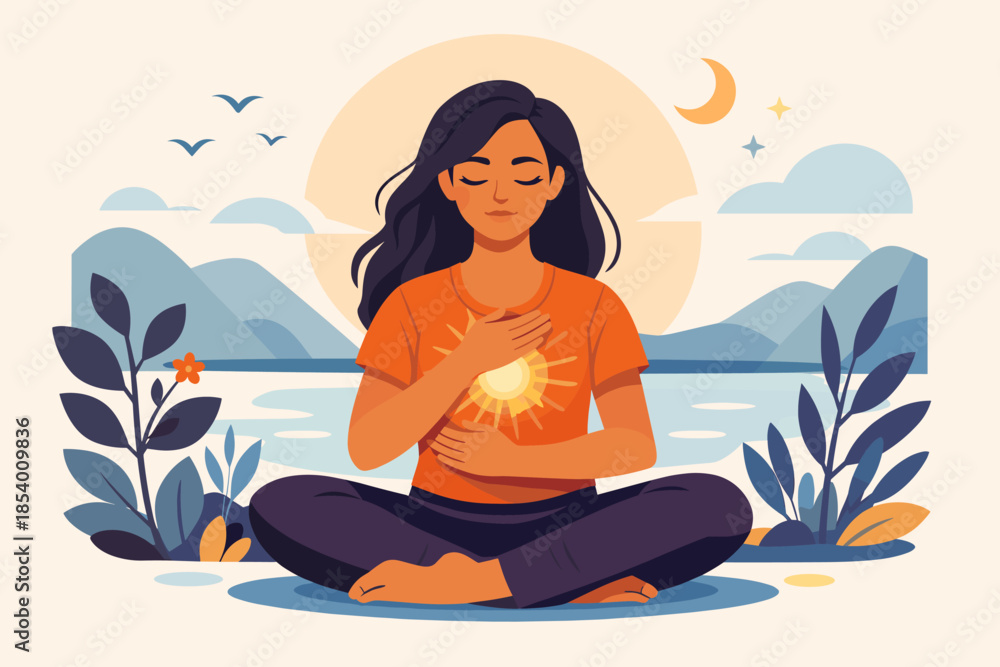 Serene woman meditating by a lake at sunset with mountains and nature in background