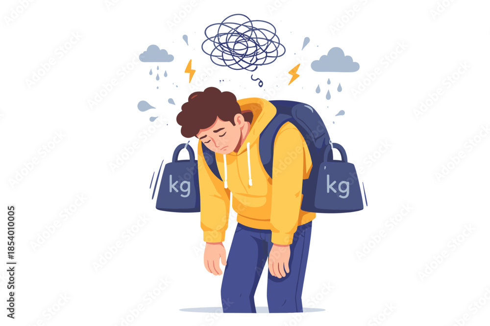 Young man overwhelmed by stress and anxiety, carrying heavy backpacks under stormy cloud