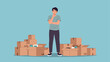 © 4Max - Thoughtful person contemplating move with cardboard boxes in minimalist style