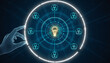 © photostockatinat - Illuminating Connections: A glowing network radiates around a central light bulb, with hand engaging with digital display, symbolizing the sharing of ideas in a connected world.