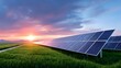 © pkproject - Expansive solar farm array basks in the vibrant hues of a sunset set against a backdrop of rolling hills and a green grassy field highlighting sustainable energy gene n