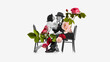 © master1305 - Editorial artwork of vintage couple on chairs with floral collage. Concept of editorial design layouts, lifestyle blog visuals, cultural event promotion, and online publication covers.