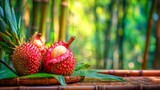 Vibrant pink salak fruit with its snake-skin-like scales, revealed and ready to eat on a natural bamboo background.