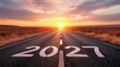© MOON - Road to 2027: Asphalt Highway Stretching Towards a Bright Sunset or Sunrise Horizon, Symbolizing New Year Planning, Future Goals, Hope, Opportunity, and Forward Progress in the Coming Year.