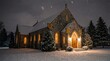 © Citra - A beautiful stone church illuminated at night during a gentle winter snowfall.