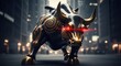 © RaNy - A futuristic, robotic bull statue with glowing red eyes and intricate golden designs in a cityscape background.