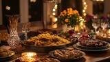 Family dinner setup for Eid with biryani, kebabs, and sweets under warm lighting .