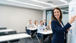 © Naret - Businesswoman presentation office meeting training team seminar workshop corporate professional businesswoman leading presentation modern office meeting room during training seminar workshop with