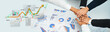 © InfiniteFlow - Hands joining together represent collaboration in a business environment, surrounded by financial charts and data that illustrate growth and strategic planning. Scalp