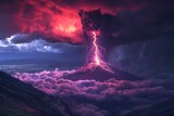 Majestic volcanic eruption with lightning illuminating the dramatic night sky