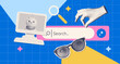© LanaSham - Trendy pop art search concept banner template. Halftone personal computer monitor with search bar, Cut out hand and eyeglasses. Modern retro textured vector illustration for mixed media design.