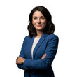 © ICON+JPG - Confident and successful businesswoman smiling professionally with arms crossed in a crisp blue suit, embodying modern leadership and corporate success