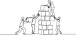 © Mofazzelh - Single continuous line drawing of business team member arrange wooden cube block become sturdy tower together to improve team building. one line Icon drawing