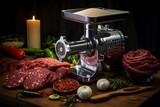 Meat grinder processing raw meat for preparing homemade salami with fresh spices and herbs on a wooden surface