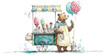 © DARK TRUST - Whimsical illustration of a bear preparing an ice cream cart with pastel balloons