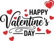 © NR - Happy Valentine's Day decorative vector with elegant black script typography surrounded by multiple red heart icons of various sizes.