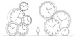 © Senuko - A collection of various clock designs in black and white minimalist vector style, representing the concept of time management.