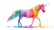 © mila103 - Unicorn with a rainbow body walks gracefully. The scene shows bright colors blending creating a whimsical and playful atmosphere. The background remains white enhancing the colors.