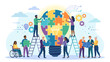 © Gab - Diverse team assembling lightbulb puzzle. Teamwork innovation concept. Creative collaboration strategy. Inclusion. Problem solving. Group building idea. Partnership planning.