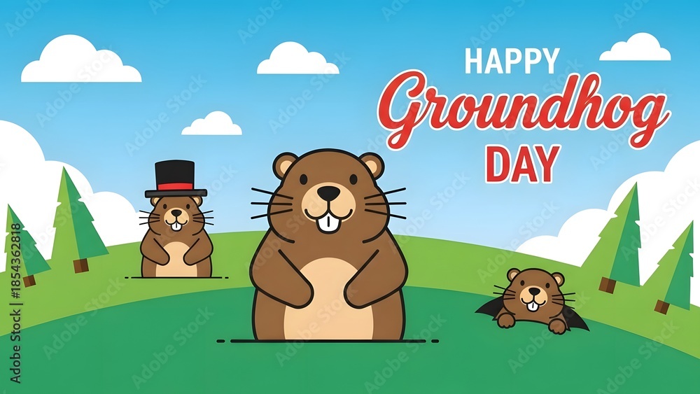 Happy groundhog day cartoon with three groundhogs の Stock イラスト | Adobe ...