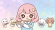 © Hungarian - Adorable cartoon girl plays a woodwind instrument with a band of cute animal friends against a pastel sky