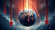 © Miftahul Jannah - Visualizing a profound global economic recession the Earth encircled by rapidly falling financial market graphs and intense red downward arrows, symbolizing significant worldwide decline