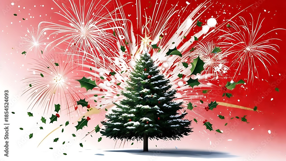 Christmas tree with star topper, surrounded by fireworks, leaves, and a ...