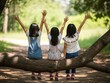 © AdityaGM - Three Little Girls Sitting on Tree Branch with Raised Arms. Generative Ai