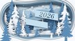 © Lola - 2D paper-cut style winter forest with layered cardboard textures; a folded banner winds through the trees forming “2026” in delicate cut-out typography.