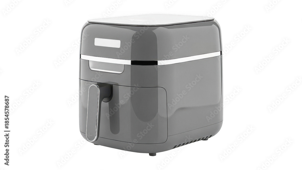 Modern gray air fryer with digital display and handle on transparent background