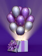 © lotus_studio - Colored gift box with ribbon and balloon on background.