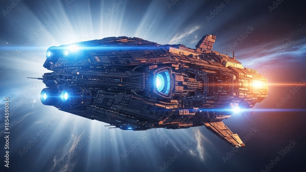 Advanced futuristic spaceship travelling through glowing deep space ...
