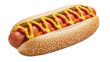 © Sophie - Delicious hot dog with mustard and ketchup isolated PNG, classic American fast food with sesame bun on transparent background