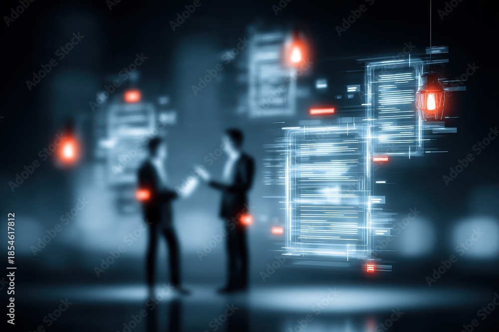 Administration lanterns flicker as a partner and author listen to a ...