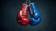 © Aleeza - Red and blue boxing gloves hanging on white strings against dark background, sports equipment for competitive fighting