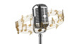 © Johnson - Vintage microphone with golden music notes isolated PNG, retro style microphone for music events and karaoke on transparent background
