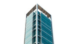 Modern glass skyscraper PNG isolated on transparent background, contemporary architecture with clean lines and geometric design for urban development