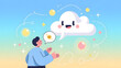 © high quality design  - A person and cloud are communicating via thought bubble with happy face, surrounded by bubbles and stars