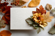 © john - Autumn composition. Frame made of blank paper and leaves on white background. Fall concept. Autumn thanksgiving texture. Flat lay, top view, copy space