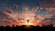 © Ksu_Sha - Silhouette of cross on hill at dramatic sunrise with glowing sunbeams and vibrant clouds in the sky