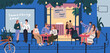 © Good Studio - Cafe terrace in evening. People sitting in chairs, eating, relaxing at dining tables outside. Cozy bar, restaurant at night, couple and friends at leisure at urban street. Flat vector illustration